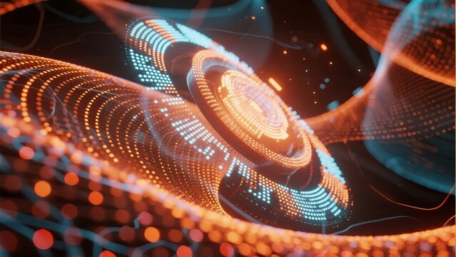 Abstract digital wave patterns with glowing particles and circular structures in a futuristic space environment - Powered by Adobe