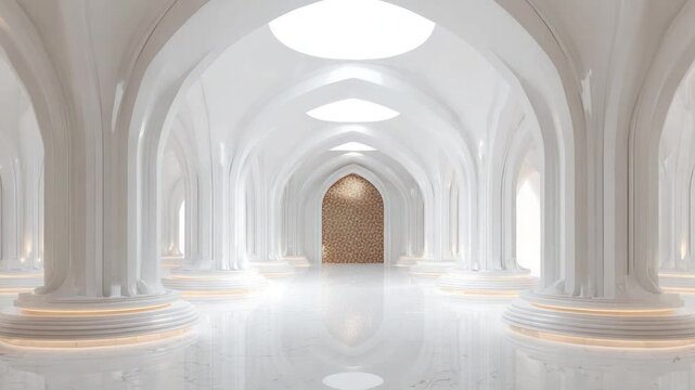 An elongated, bright white hall with arches and pillars, leading to a decorated alcove