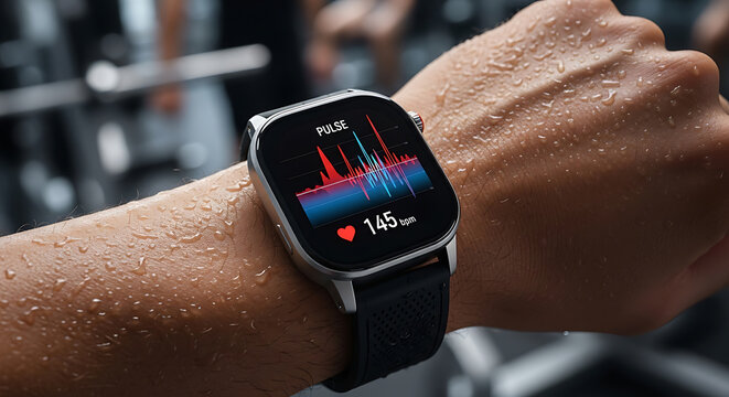 Close-up of a sweaty arm wearing a modern fitness tracker, displaying real-time heart rate and performance data during an intense gym workout for optimized health monitoring - Powered by Adobe