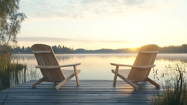 Two wooden chairs peacefully face the calm lake on a dock at sunrise