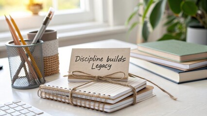 Inspiring workspace with motivational message on notebook emphasizing discipline and legacy for personal growth and productivity