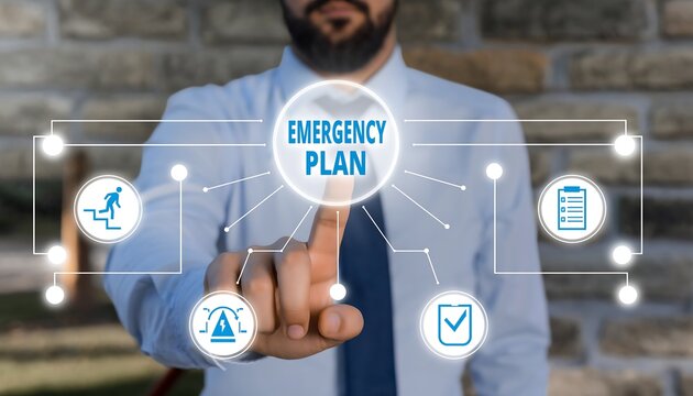 Business man using virtual touch screen clicks text: EMERGENCY PLAN. Business emergency plan concept. Checklist to do in disaster, continue business and build resilience concept