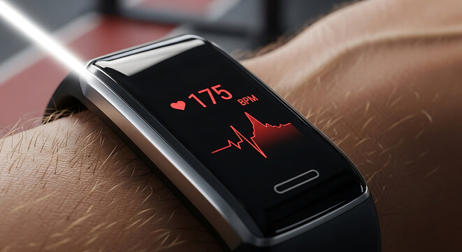 Advanced digital fitness tracker actively monitoring a person's vital signs, displaying a high heart rate on its screen with an illuminating light, symbolizing modern health and wellness technology