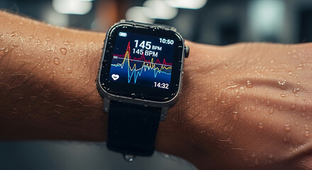 Close-up of a smartwatch on a sweaty arm, tracking a high heart rate during an intense workout session