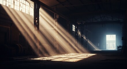 Sunlight streaming through windows of an abandoned industrial interior, creating a captivating scene