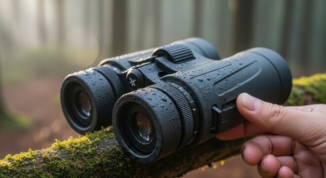 Hand holding binoculars in a lush green forest with moss-covered branches.
