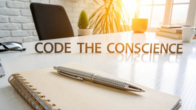 Inspirational workspace with notebook and pen, showcasing the phrase Code the Conscience in warm sunlight for creative vision