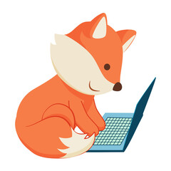 A cute animal studying with laptop. Animal study, a fox become a student. Animal school.