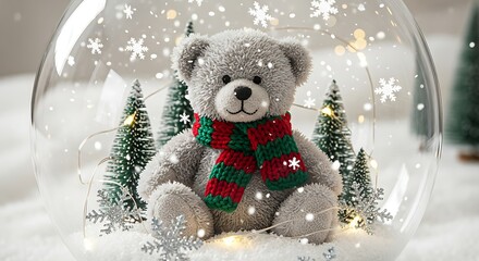 Charming fluffy gray teddy bear wearing a festive red and green striped scarf sits inside a clear glass dome surrounded by miniature christmas trees and falling snowflakes