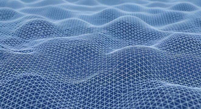 Abstract blue wireframe mesh creating a futuristic digital wave patter