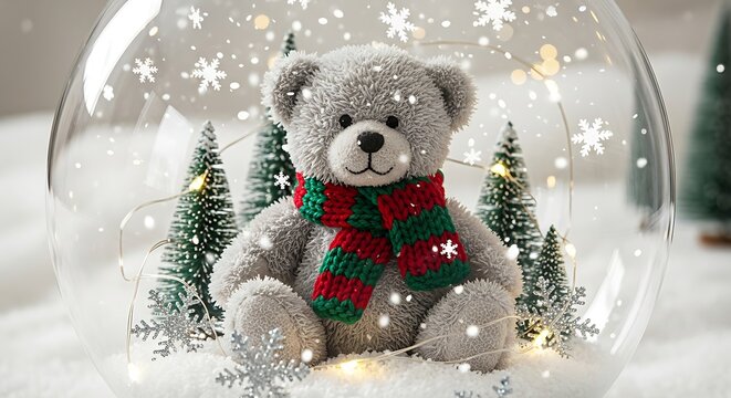 Charming fluffy gray teddy bear wearing a festive red and green striped scarf sits inside a clear glass dome surrounded by miniature christmas trees and falling snowflakes