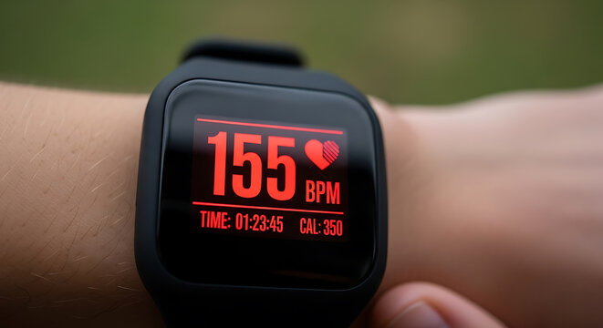 Close-up of a fitness tracker displaying heart rate, time, and calories burned on a wrist