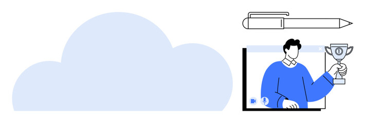Cloud graphic paired with human figure holding trophy in video call, pen representing ideas. Ideal for cloud storage, collaboration, achievements, communication, remote work, productivity, networking