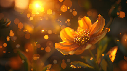 Fototapeta premium Close-up realistic of a wildflower illuminated by warm orange