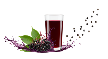 Refreshing elderberry juice splash with ripe berries and green leaves, a healthy and vibrant drink