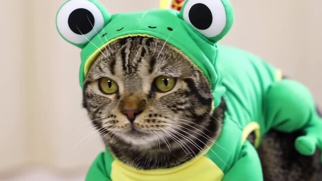 Cat in a frog costume looking adorable and funny in the picture.