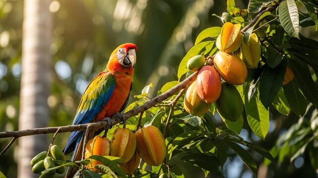 Vibrant Parrot Perched on a Star Fruit Tree Branch in Lush Tropical Sunlight