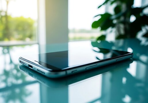 Sleek smartphone resting on a reflective glass surface with soft natural light - Powered by Adobe