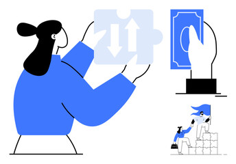 Woman holding puzzle piece with arrows, hand passing bill, person helping another climb stairs. Ideal for teamwork, collaboration, problem solving, help, success trade partnerships. Simple flat