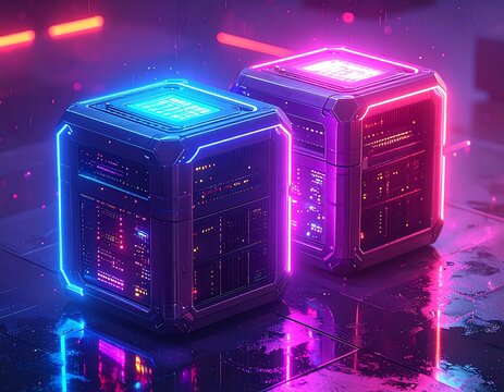 Two futuristic glowing boxes in a neon-lit, reflective setting