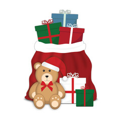 Red Santa Sack, Overflowing Presents and Teddy Bear Wearing Santa Hat Illustration PNG Transparent 