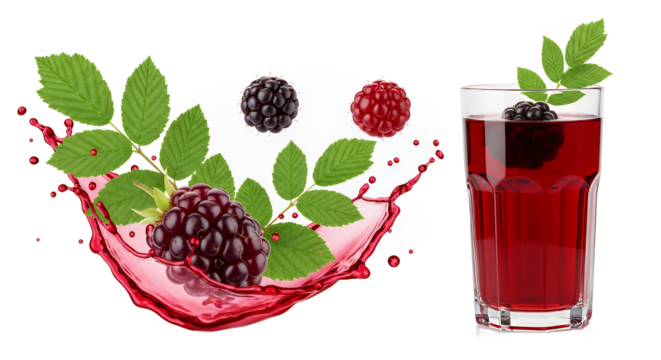 Fresh Blackberry Juice Splash with Berries and Green Leaves on White Background