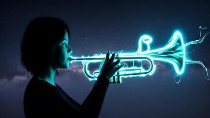 Silhouette of a person playing a glowing trumpet, creating a vibrant musical light trail in the dark.