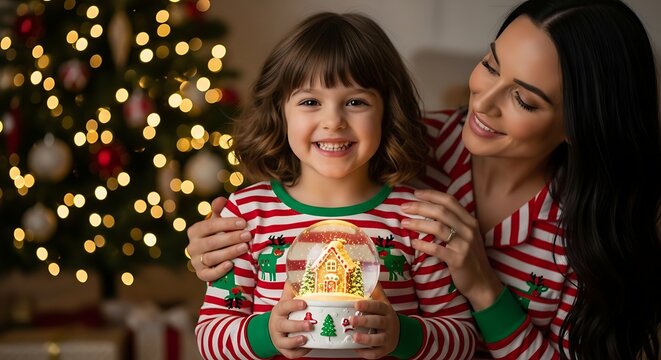 Joyful young girl and her mother wearing festive pajamas holding a glowing christmas snow globe near a decorated tree - Powered by Adobe