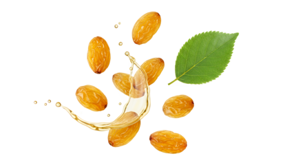 Golden Raisins and a Splash of Juice with a Green Leaf on a White Background