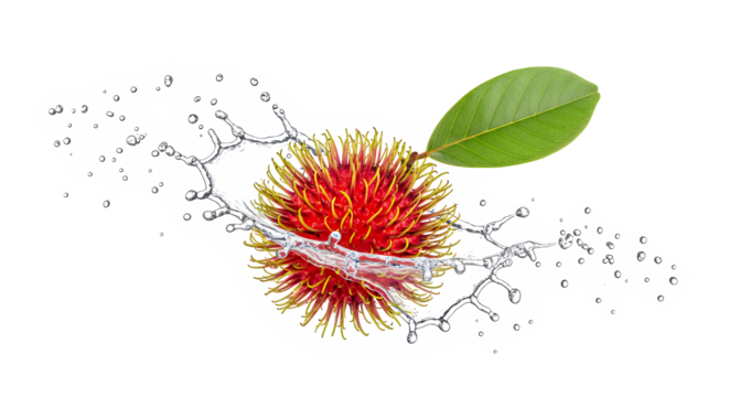 Refreshing water splash dynamically envelops a vibrant red rambutan fruit with its green leaf, highlighting its tropical freshness and exotic appeal on a pristine white backdrop