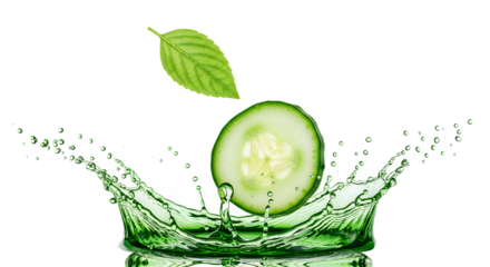 Fresh Cucumber Slice Dropping into Refreshing Green Liquid with Leaf on White Background