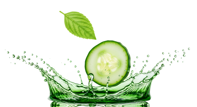 Fresh Cucumber Slice Dropping into Refreshing Green Liquid with Leaf on White Background