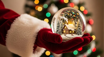 Santa claus wearing red velvet gloves holds a sparkling christmas snow globe with a miniature winter village and festive tree lights in the background