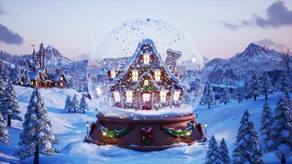 Enchanting Christmas snow globe with a miniature illuminated house captured within a magical, snowy winter wonderland village scene at twilight - Powered by Adobe