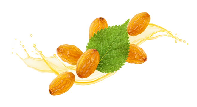 Golden Raisins with Splash of Juice and Green Leaf - Healthy Snack and Ingredient
