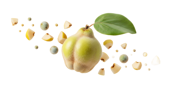 A whole ripe quince with a single green leaf in a dynamic composition, with chopped pieces and berries flying around on a white background