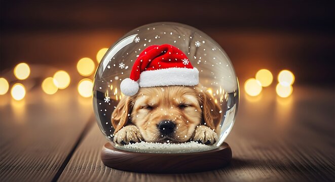 Adorable golden retriever puppy wearing a festive red santa hat peeking out from inside a sparkling snow globe with bokeh lights in the background