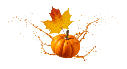 Autumn harvest and fall bounty with a vibrant pumpkin and a falling maple leaf splashing orange liquid on a white background