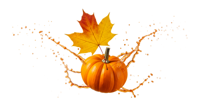 Autumn harvest and fall bounty with a vibrant pumpkin and a falling maple leaf splashing orange liquid on a white background