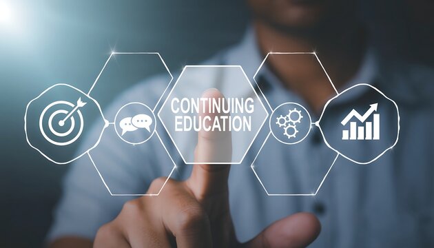 Person using virtual touch screen push inscription: CONTINUING EDUCATION. Continuing education and personal development concept