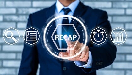 Recap business, economic, market, budget, financial and meeting report concept. Business summary and overview for planning and develop