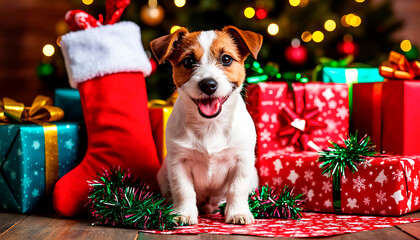 Happy Jack Russell puppy posing by colorful Christmas presents and a red stocking with festive lights in the background