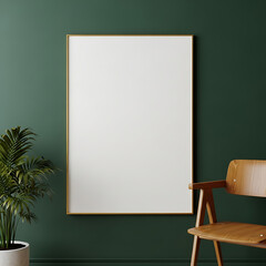 Blank frame mockup on a dark green wall with a plant and chair in a modern interior