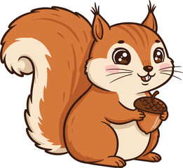 Cute cartoon squirrel holding an acorn, fluffy woodland animal illustration with big tail, adorable forest creature artwork