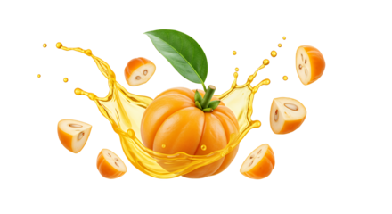 Ripe Garcinia Cambogia Fruit Splashing in Oil, Surrounded by Slices and Leaves