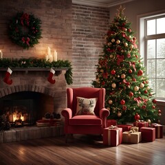 interior christmas. magic glowing tree, fireplace, gifts .