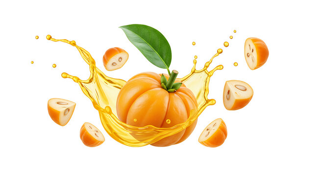 Ripe Garcinia Cambogia Fruit Splashing in Oil, Surrounded by Slices and Leaves