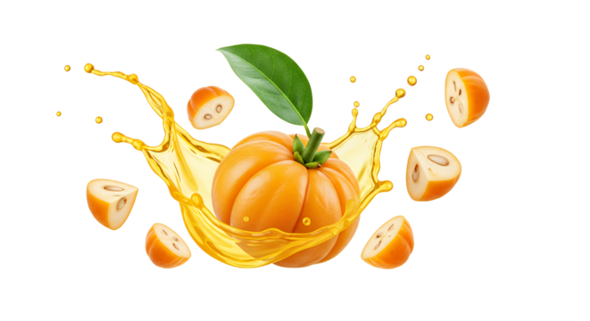 Ripe Garcinia Cambogia Fruit Splashing in Oil, Surrounded by Slices and Leaves