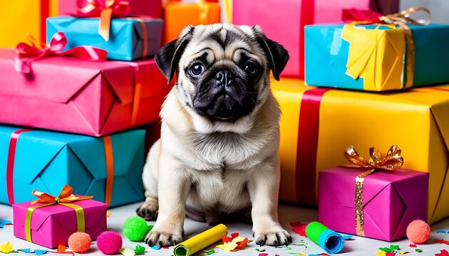 Adorable pug puppy sitting on a white surface surrounded by various bright gift boxes, confetti, and party poppers