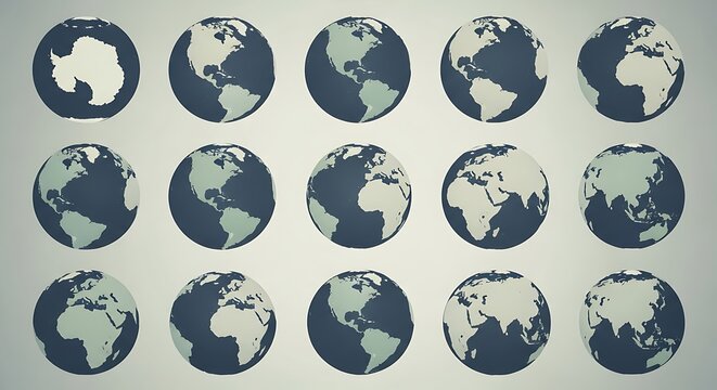 A series of stylized oval illustrations depicting the earth s rotation showing different continents and landmasses from various angles and perspectives